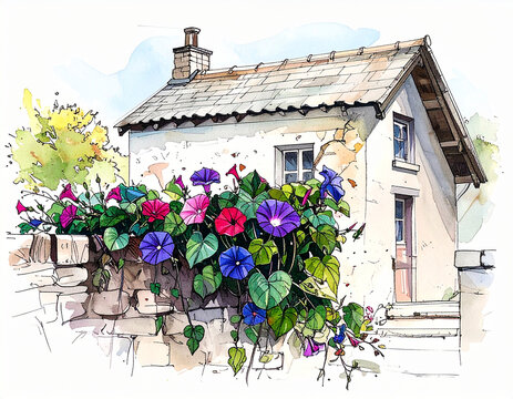 Watercolor illustration of cottage and flowers