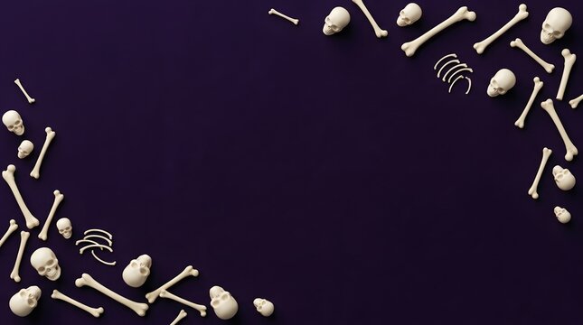 Halloween skeleton bones and skull arranged as a decorative frame on dark purple