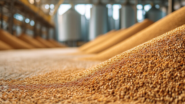 Large quantities of golden wheat grain spread across an industrial processing floor, highlighting grain storage, agricultural production, food supply and modern farming.