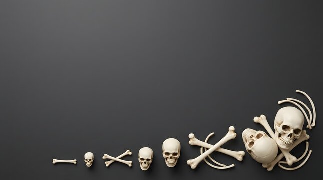 Anatomical study of a human skull and skeletal remains on a dark background