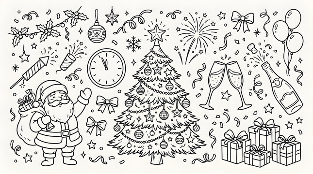 A set of illustrations in a linear style dedicated to the New Year. A Christmas tree, glasses of champagne, Santa, many different Christmas toys, gifts..