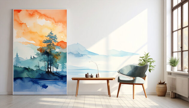 Watercolor painting landscape interior scene