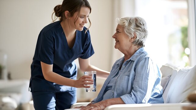 Pflegekraft reicht einer Seniorin zu Hause ein Glas Wasser