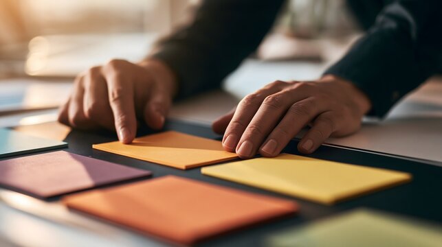 Gesch&auml;ftsperson organisiert farbige Haftnotizen f&uuml;r die Projektplanung