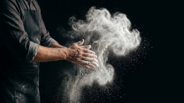 Chef or artisan baker clapping hands coated in white powder creating a dramatic exploding cloud of flying flour particles against a solid black backdrop