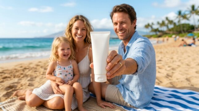 Happy family on a sunny beach presenting sunscreen for safe summer travel, skincare and child protection