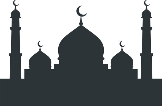 Black silhouette vector of traditional Islamic mosque building facade featuring main dome minarets and crescent moon symbols