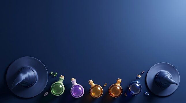 Small colorful magic potion bottles arranged in a row with witch hats on a dark background