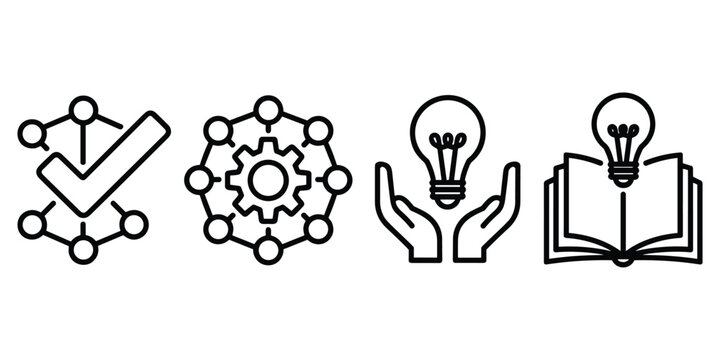 Business process flow icons with checkmark gear lightbulb and open book on transparent background