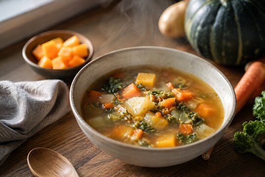 A steaming bowl of hearty vegetable soup with squash, carrots, and kale, served on a rustic wooden table with fresh ingredients in the background.
