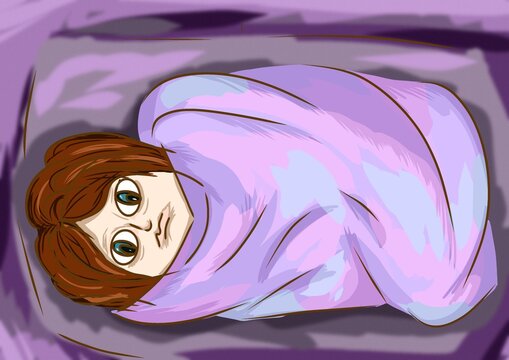 Funny Introvert Character Wrapped in Blanket Cozy and Tired Cartoon Girl

