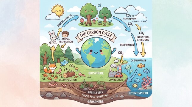Educational Cartoon Diagram of the Carbon Cycle Explaining the Flow of Carbon Between Atmosphere, Biosphere, Hydrosphere and Geosphere