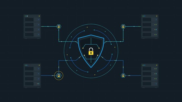 Digital Security Network Infographic with Centralized Shield Protection