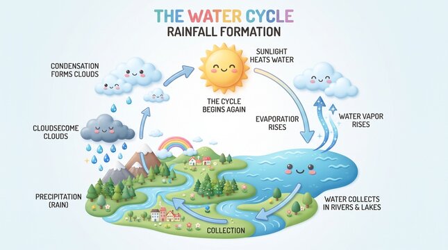 Illustration of the water cycle, detailing evaporation, condensation, precipitation, and collection in a picturesque landscape