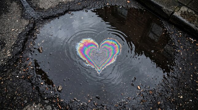 Heart-shaped oil slick reflection in a puddle on a city street  