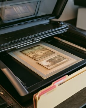 Flatbed scanner digitizing old vintage photographs in archival sleeves