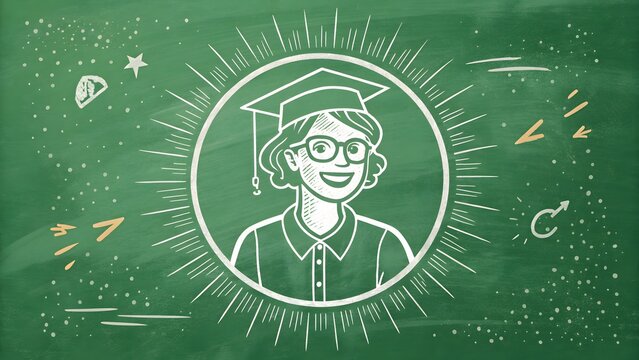 Smiling graduate student wearing glasses and mortarboard cap drawn in white chalk on green classroom blackboard