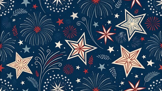 Seamless pattern featuring patriotic stars and vibrant fireworks in red white and blue digital design