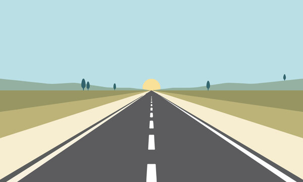 Straight asphalt road leading towards the setting sun landscape vector illustration