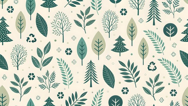 Seamless pattern featuring decorative green forest trees and delicate botanical leaves on a light background