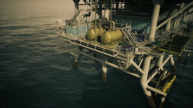 Oil rig platform showing corrosion and birdlife against open sea, scene explores industry impact on marine environment, textured metal and natural elements