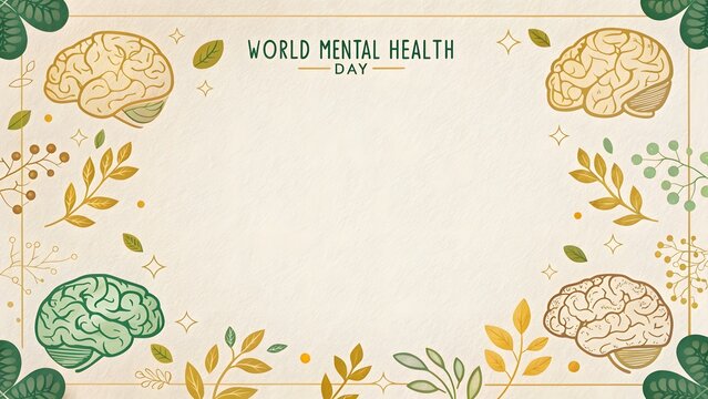 World mental health day concept featuring botanical illustrations and brain silhouettes on a textured beige background
