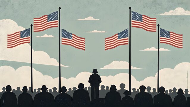 Patriotic crowd standing before multiple waving American flags under a soft cloudy sky at dawn