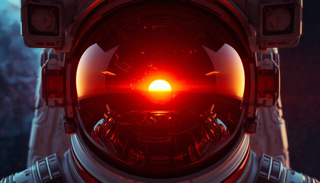 Close-up of futuristic astronaut helmet visor reflecting glowing alien sunset and planetary base
