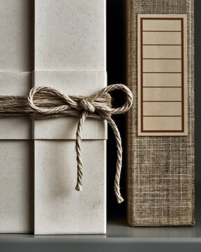 Close-up of archival folders with twine tie and textured storage box