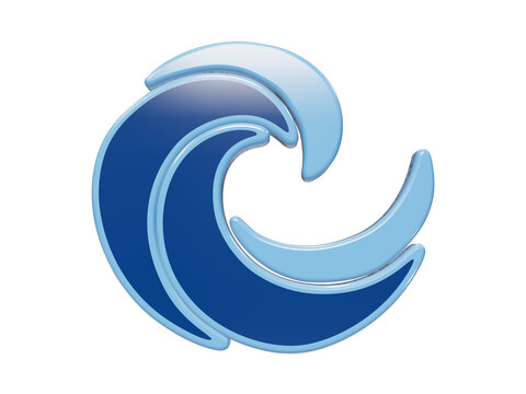 3D glossy blue ocean wave icon with layered curved shapes and smooth reflective surfaces for projects isolated on a transparent background