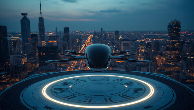 Autonomous electric flying taxi evtol landing on high-rise urban vertiport platform at twilight
