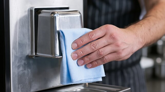 Restaurant worker wiping ice scoop holder with blue cloth
