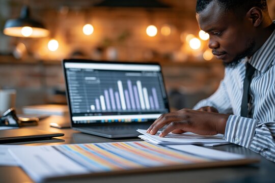 Business Analyst Reviewing AI-Generated Spreadsheet Summary at Office Desk