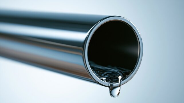 A shiny new pipe section shows a water drop sliding down. This is captured in a bright studio with light blue-white lighting.
