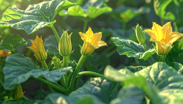 Bright Yellow Zucchini Blossoms in Green Garden.