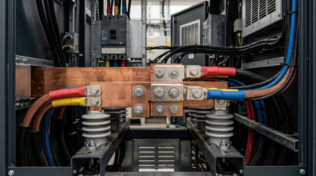 Copper busbars connect heavy cables inside an industrial electrical cabinet.