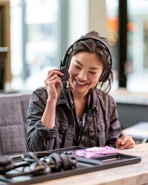 Woman Inspecting Headset Ear Pads Before Call Center Loaner Handoff