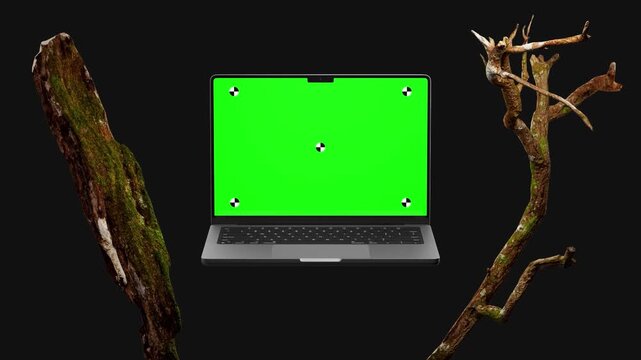  laptop green screen with wooden branches nature frame