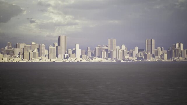 Miami skyline framed by stormy twilight dramatic urban silhouette with heavy clouds over restless water, distant ferries and marina lights, cinematic mood