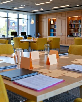 Meeting Room Table with Blank Tent Cards and Notebooks in Library Setting