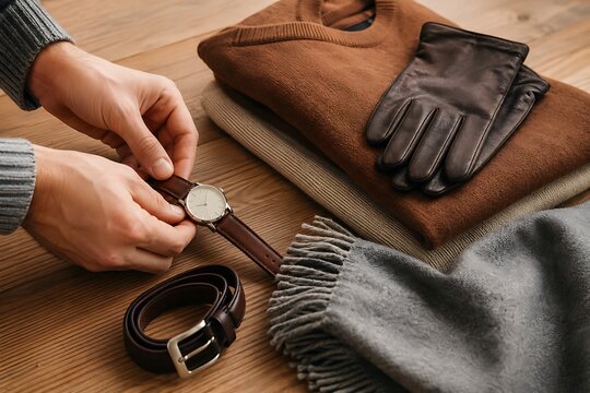A man's hands adjusting a wristwatch next to a folded sweater, leather gloves, a belt, and a scarf on a wooden surface.