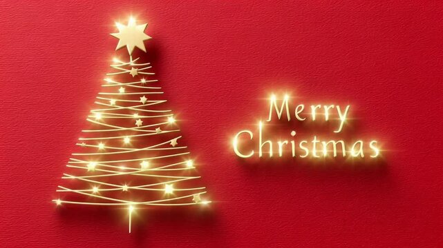 ?Glowing golden christmas tree animation on red background with merry christmas message