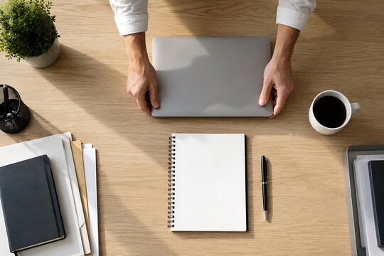 Overhead view of a person closing a laptop on a wooden desk with a notebook, pen, and coffee.