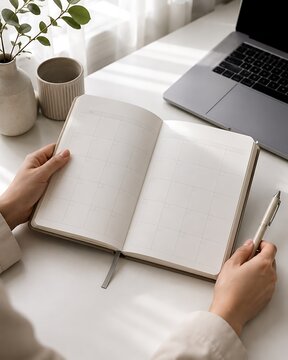 A person's hands hold open a blank notebook on a white desk next to a laptop and a plant.