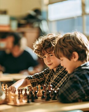 Students Beginning a Chess Game in a Sunlit Classroom
