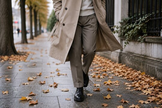 A person walks down a wet sidewalk lined with trees and fallen autumn leaves, wearing a trench coat and trousers.