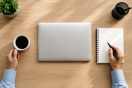 Overhead view of a person's hands working at a wooden desk with a laptop, notebook, pen, and coffee.