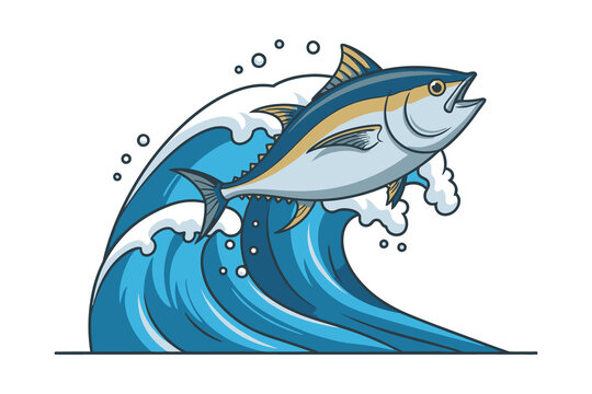 Tuna Fish Jumping Wave Vector Illustration