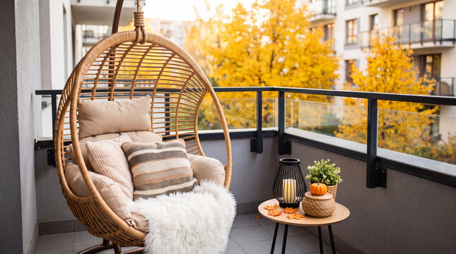 Cozy balcony with hanging rattan chair, decorative pillows, and autumn foliage in the background, creating a warm outdoor relaxation space