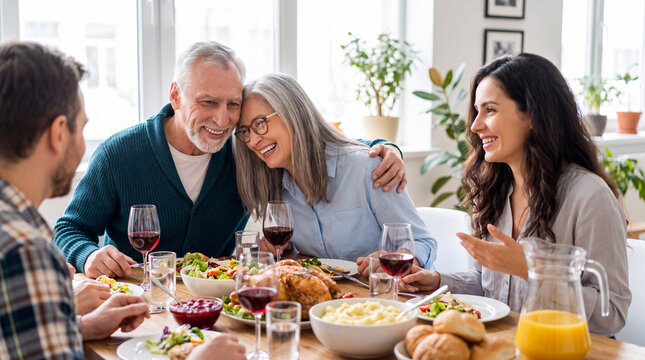 Family gathering at dining table enjoying a meal with various dishes, wine glasses, and a warm atmosphere in a bright room